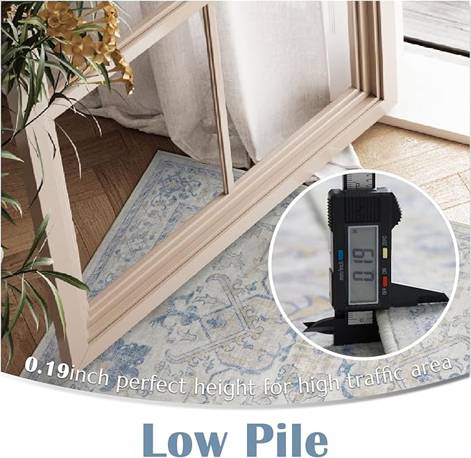 jinchan 2x3 Washable Rug for Entryway - Vintage Floral Ultra-Thin Low Pile Soft Small Non-Slip Distressed Indoor Doormat Accent Rug for Entrance Kitchen Bathroom Bedroom (2x3ft, Blue)
