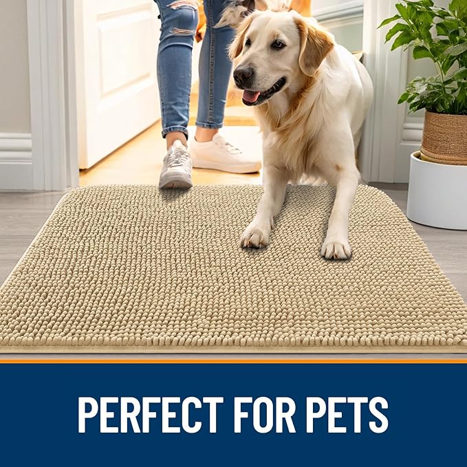 OLANLY Dog Door Mat for Muddy Paws 54x24, Absorbs Moisture and Dirt, Absorbent Non-Slip Washable Doormat, Quick Dry Chenille Mud Mat for Dogs, Entry Indoor Entryway Carpet for Inside Floor, Beige
