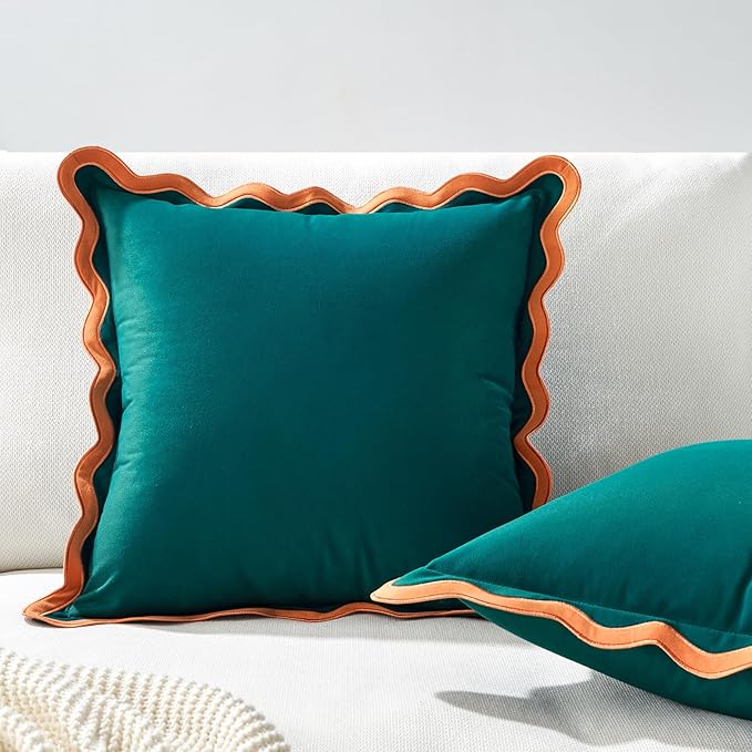 MONDAY MOOSE Decorative Throw Pillow Covers Cushion Cases, Set of 2 Soft Velvet Scalloped Wavy Edge Designs, Mix and Match for Home Decor, Pillow Inserts Not Included (22x22 inch, Coral/Dark Teal)