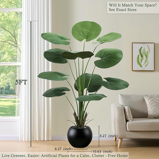 Artificial Fan Palm Tree: 5FT Fake Licuala Ruffled Fan Palm Plant Faux Tropical Plant Realistic Tall Floor Tree in Black Egg-Shaped Pot for Home Decor Office Patio Hotel Garden Indoor Outdoor