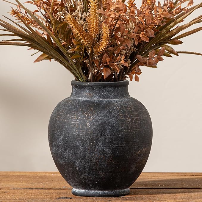 Ceramic Flower Vase, 6.7 Inch Rustic Farmhouse Decorative Vase Pottery Pampas Grass Vases for Home Decor Table Living Room Entryway Mantel Bookshelf Bedroom Bathroom Kitchen - Black