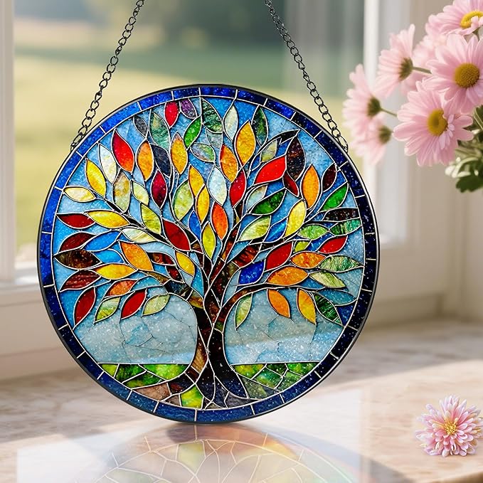 8-Inch Stained Glass Ornament, Stained Glass Window Hanging, Suncatcher Window Hanging, Home Decor, Tree of Life Ornament | Mother's Day, Christmas, Birthday, Housewarming | Gifts for Mom & Friend