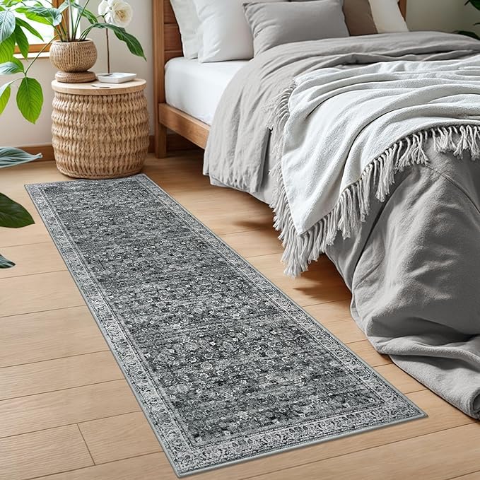 2x6 Runner Washable Rug for Hallways, Moss Charcoal Soft Neutral Vintage Kitchen Rugs with Non-Slip, Non-Shedding Distressed Floral Rug for Entryway Porch Kitchen Bedroom Laundry