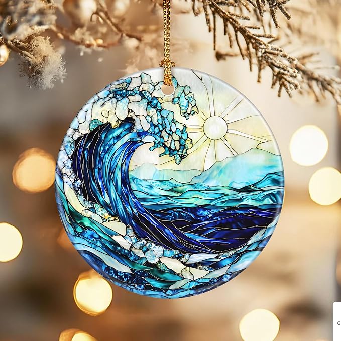 Christmas Ornaments, Dodosky 2.8in Ceramic Ocean Waves Ornament, Xmas Decor, Christmas Tree Ornaments, Xmas Decorations for Tree, Holiday Ornament, Beach Lover Gift, Gifts for Friends Family