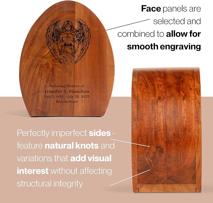 Custom Angel Praying Cremation Urn for Adult Ashes - 250 Cubic Inches - Extra Large Wooden Memorial Casket - Engraveable, Personalized Decorative Urns