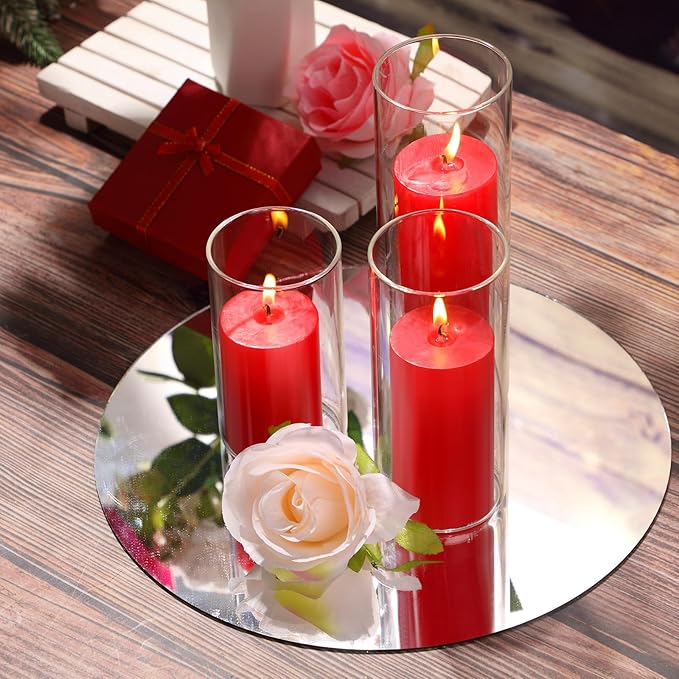 Shihanee Set of 3 Pillar Candles and 3 Glass Cylinder Candle Vases Holders Clear Pillar Jars for Wedding Centerpieces(2.6'' X 4.7'', 5.9'', 7.9'',Red)