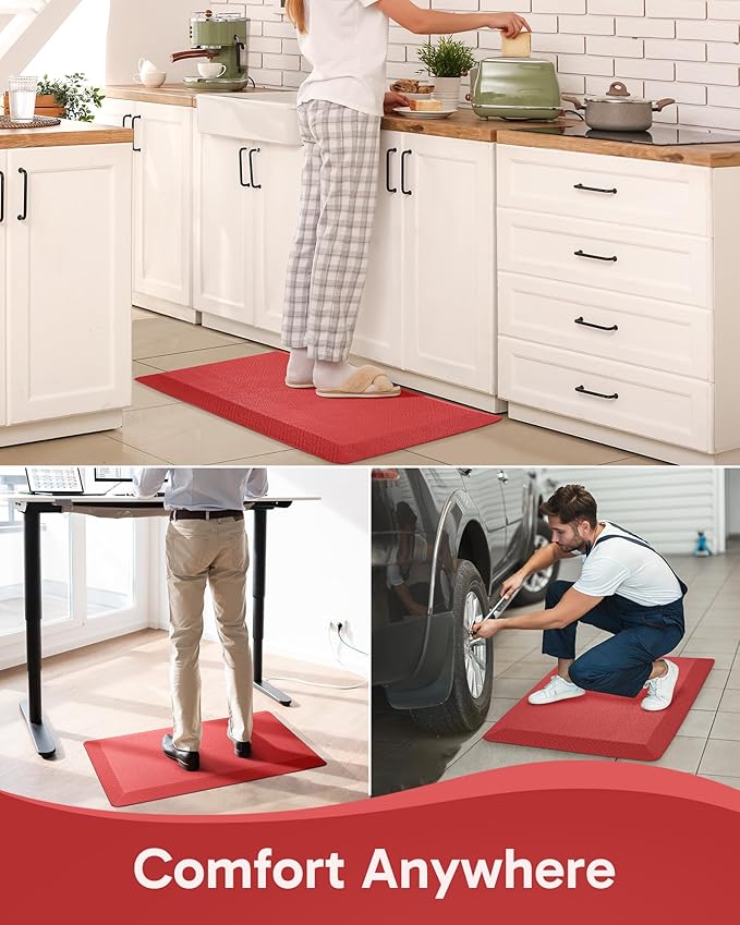 Ophanie Kitchen Mats for Floor, 3/4 Inch Thick Kitchen Rugs, 20''x32'' Anti Fatigue Standing Cushioned Mat, Waterproof,Comfort Ergonomic Mat for Office, Home, Sink, Red Non-Slip Bottom