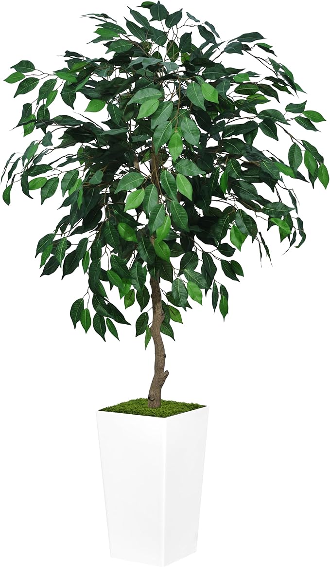 Artificial Ficus Tree 5FT - Faux Indoor Tree with White Tall Planter - Fake Ficus Floor Plant Potted - Artificial Silk Tree for Home Office Living Room Decor Indoor