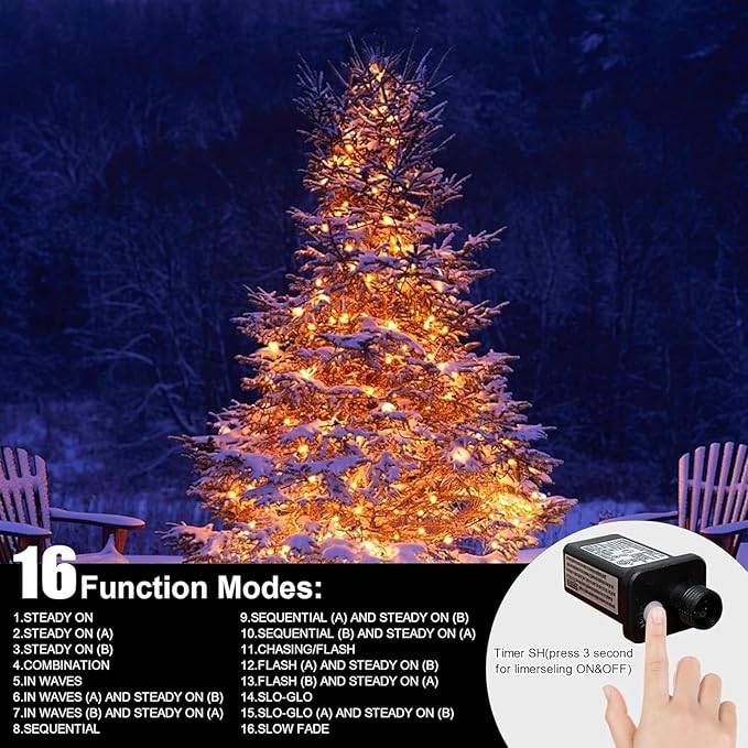 LAMPHOME 33ft Golden Christmas Decorative Mini Lights, 100 LED Green Wire Fairy Starry String Lights Plug in,11 Lighting Modes for Indoor Outdoor Xmas Tree Wedding Party Decoration (Yellow)