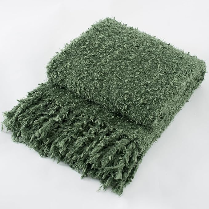 Winter Knit Throw Blanket Fluffy Fuzzy Soft Lightweight Cozy Farmhouse Tassels Chunky Knitted Throws for Couch Sofa Bed (Green, 50"x60")