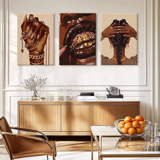 Pouydmi Black Girl Wall Art African Woman Canvas Wall Decor Black Women People Art Painting Gold Fashion Poster African American Girl Pictures for Bedroom Living Room 16x24x3 Inch Ready to Hang