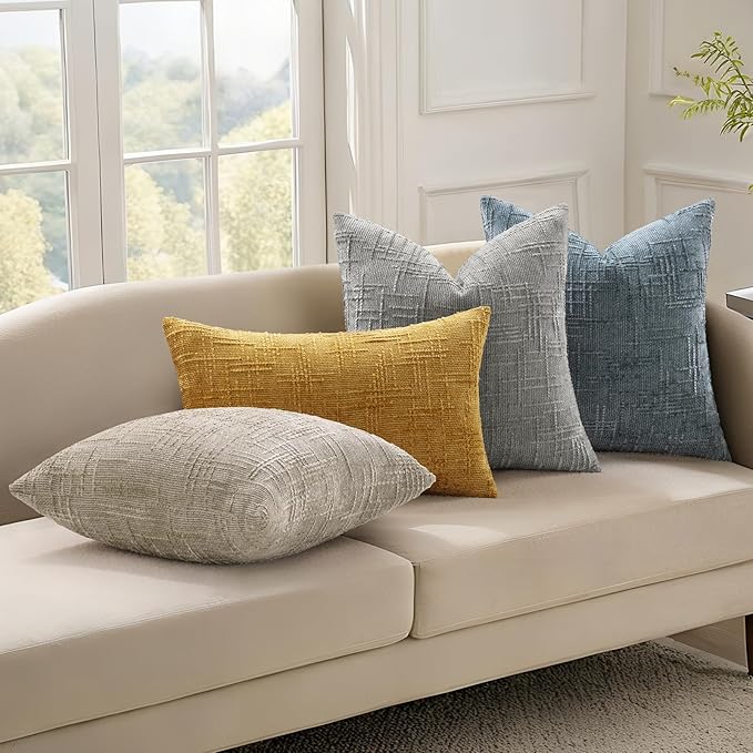 decorUhome Mustard Yellow Chenille Throw Pillow Covers 12x20 Set of 2 Thick Textured Slubby Couch Pillow Covers Farmhouse Accent Modern Neutral Decorative Pillow Cases for Bed Sofa Living Room