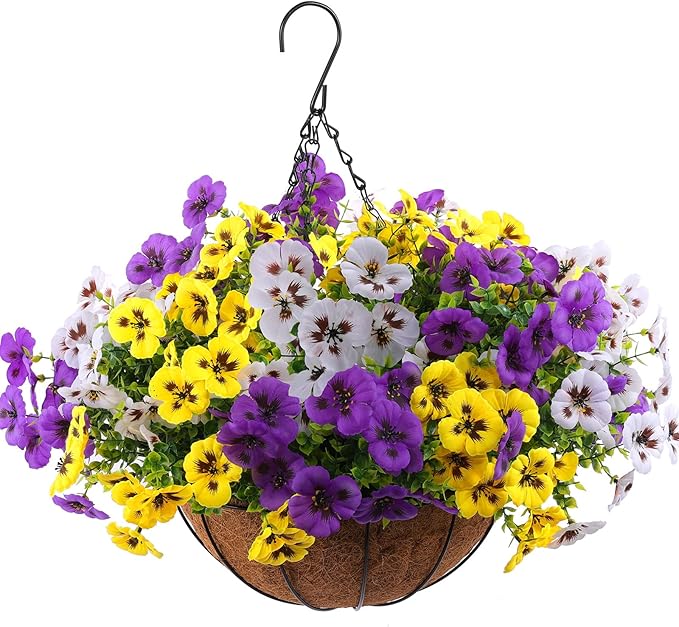 Artificial Fake Pansy Flowers for Outdoor, Faux Silk Pansies Spring Flowers for Outside for Planter Front Door Porch Yard Patio Window Box Home Decor (36, Purple, Yellow, White)