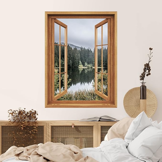 SIGNWIN Removable Wall Sticker/Wall Mural Window View Green Forest Lake Reflection Nature Wilderness Photography Realism Decorative Landscape Digital Art for Living Room, Bedroom, Office - 36"x48"