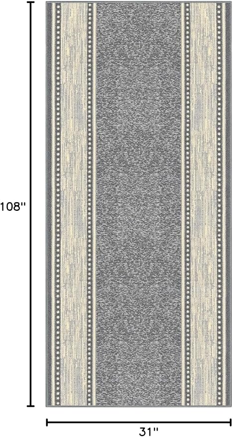 Kapaqua Custom Size Grey Ivory Bordered Rubber Backed Non-Slip Hallway Stair Runner Rug Carpet 31 inch Wide Choose Your Length 31in X 9ft