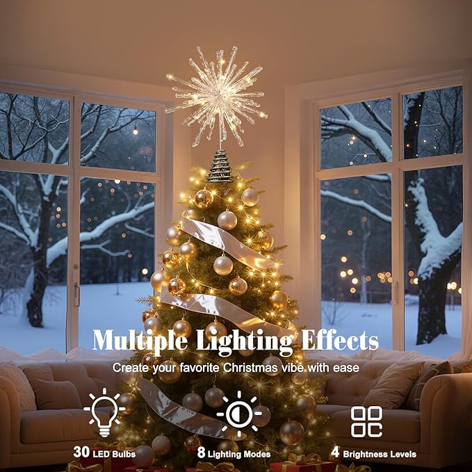 Lewondr Christmas Tree Topper, 12.2'' Glittered Epoxy Firework Xmas Tree Topper with 30 LED Bulbs, 6 Hrs Timer and 8 Modes USB Remote Control, Christmas Treetop Decor for Home Holiday, Silver
