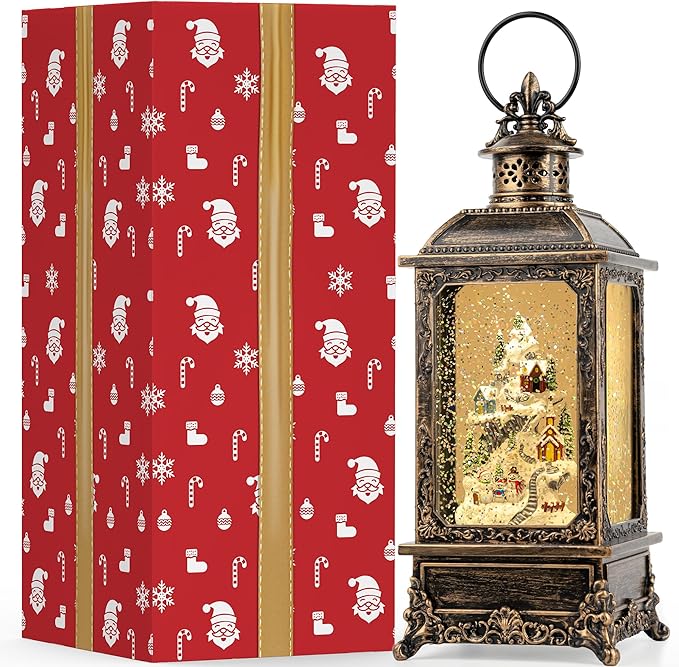 Christmas Village Buildings Snow Globe Lantern Water Glittering Snowman Family with Music & Timer, USB Lined/Battery Operated Lighted Lantern for Christmas Festival Decoration Gifts