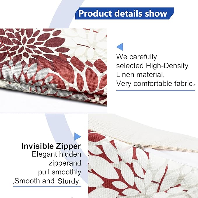 Decorative Throw Pillow Covers Set of 2 Wine Red Pillow Covers 22x22 inch Linen Square Pillow Cases,Farmhouse Modern Geometric Floral Outdoor Pillow Cover for Couch Sofa Living Room Bedroom