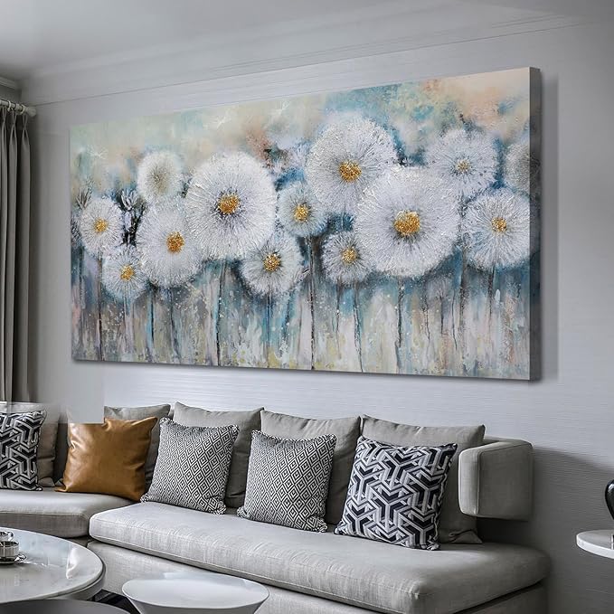 Acocifi Floral Canvas Wall Art for Living Room Dandelion Picture Large Flower Bedroom Painting 60% Handmade Textured, Grey Vintage Artwork Framed for Dining Room Office Home Decor 40"x20"