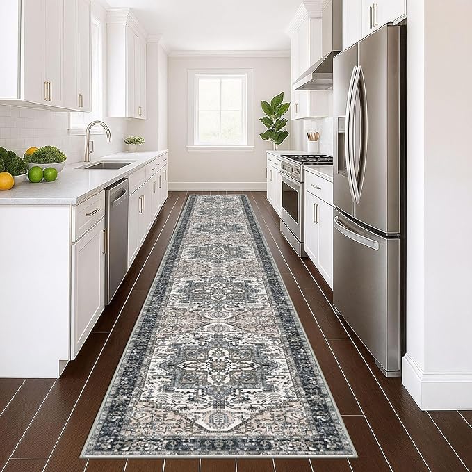 KOZYFLY Runners for Hallways 3x16 Ft Extra Long Washable Faux Wool Thin Hallway Rug Printed Carpet for Entryway Bedroom Staircase Kitchen Laundry Room Floor Decor, Black/Taupe/Beige