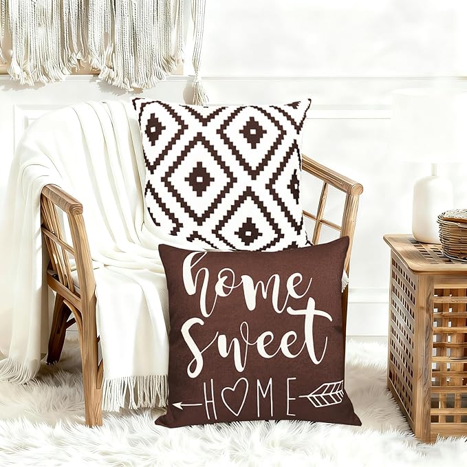 Decorative Throw Pillow Covers 18x18 inch Set of 4 Brown Pillow Covers for Couch Sofa Bed Living Room,Farmhouse Outdoor Throw Pillow Cover,Modern Geometric Linen Square Throw Pillow Cases