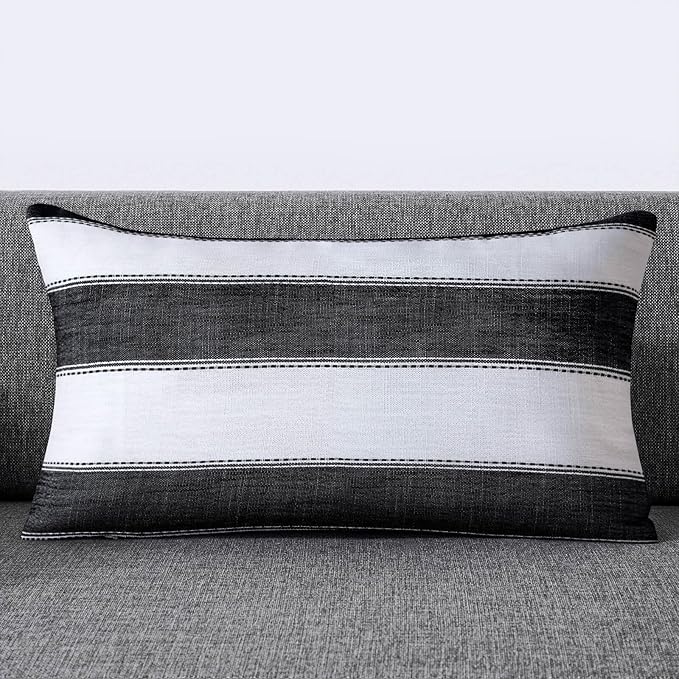 AmHoo Pack of 2 Farmhouse Stripe Check Throw Pillow Covers Set Case Cotton Linen Decorative Pillowcases Cushion Cover for Couch Bench Sofa 12x20Inch Black