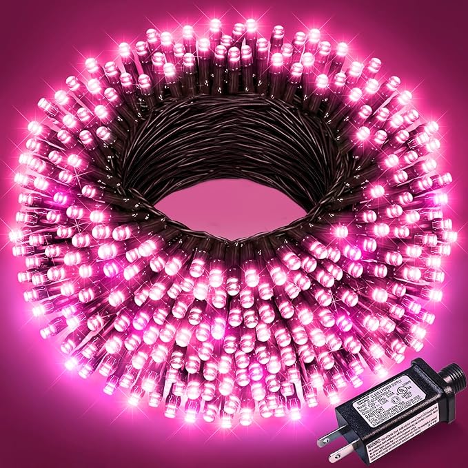 Pink Christmas Lights Outdoor, 100FT 300 LED Christmas Tree Lights with 8 Modes Waterproof, Plug in Connectable Christmas String Lights Green Wire for Indoor Patio Garden Xmas Love Party Decorations