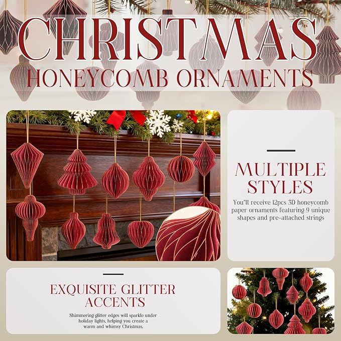 12Pcs Red Paper Christmas Party Decorations, 3D Honeycomb Paper Hanging Ornaments with Glitter, Finial Honeycomb Lantern Burgundy Ornaments for Christmas Trees Winter Wonderland Party