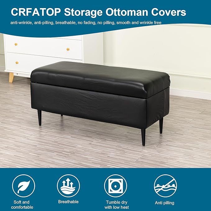 CRFATOP Waterproof PU Ottoman Stool Cover Stretch Folding Storage Footstool Bench Slipcovers Upholstered Foot Chest Chair Covers Washable Entryway Furniture Protector with Elastic Bands,M,Black