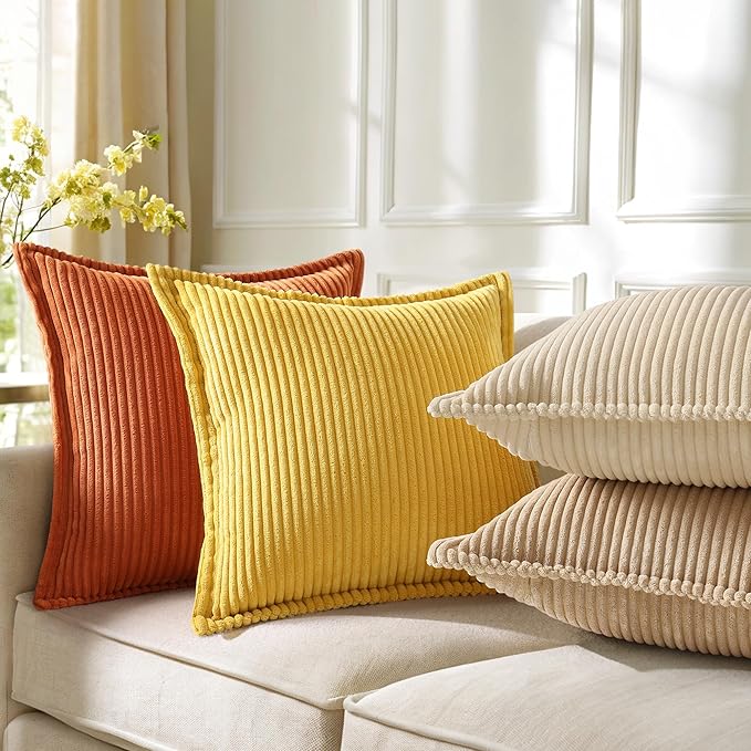 decorUhome Corduroy Beige Throw Pillow Covers 20x20 Set of 2 Decorative Soft Boho Farmhouse Euro Couch Pillow Covers for Living Room Bed Sofa Broadside Striped Pillow Cases