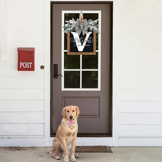 14’’ Last Name All Year Round Front Door Wreath, 26 Letter Welcome Sign Door Wreaths for Front Door Outside, Welcome Garland and Eucalyptus and Bow Suitable for All Seasons for Outdoor Decoration (V)
