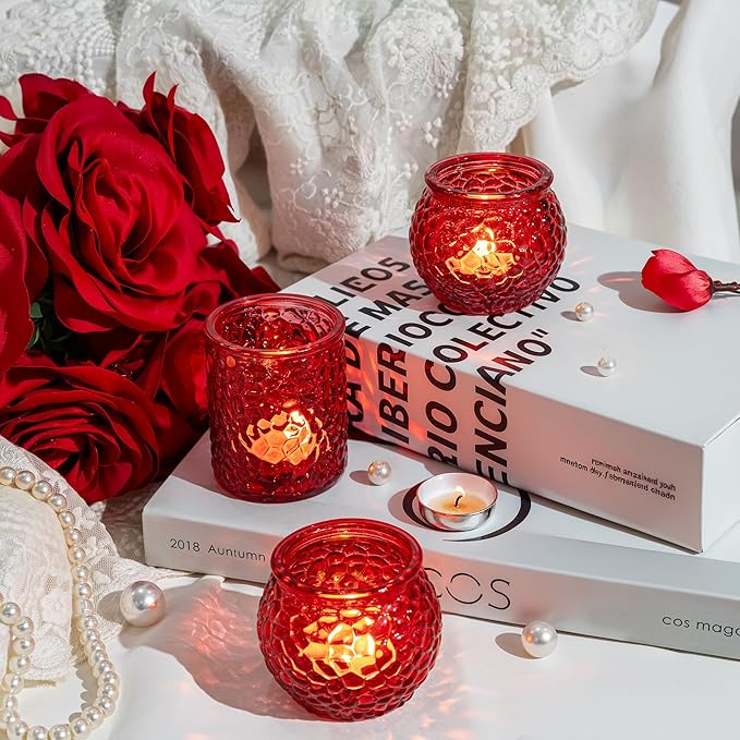 24-Piece Red Glass Votive Candle Holders Set – Tealight Candle Holder Glass Bulk with 12 Round & 12 Hammered Textured Cups, Red Votive Candle Holders for Weddings, Parties, Home