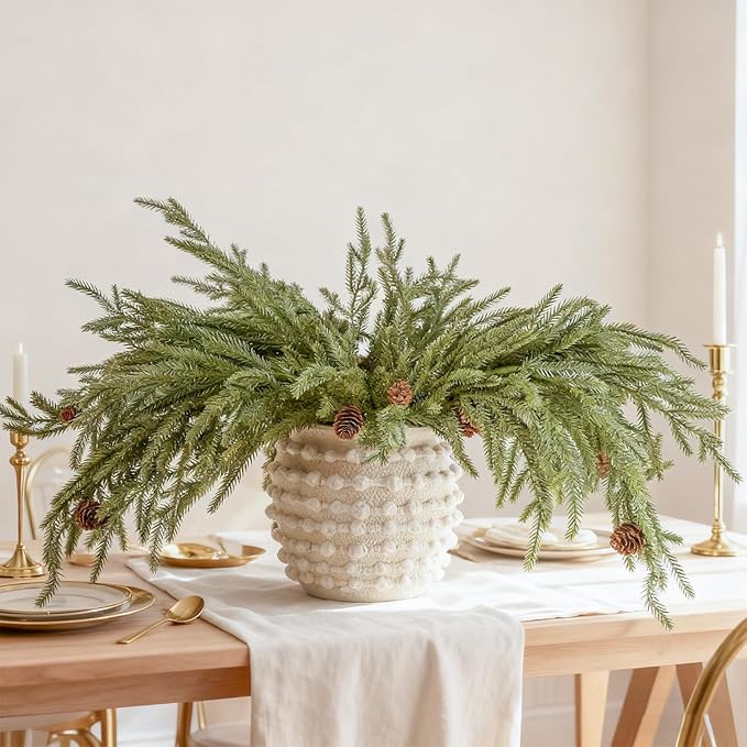 DN DECONATION Artificial Christmas Norfolk Pine Stems, Faux Pine Branches with Cones 35.4" 6PCS - Greenery Fake Pine Needles for Vase Arrangements, Winter, Holiday Indoor Outdoor Home Decor