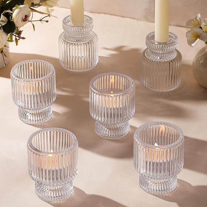6 Pcs Clear Glass Candlestick Holders with Vertical Stripes - Dual-Use for Taper Candles & Votive/Tea Lights, Taper Candle Holders for Dining Table, Wedding, Home, Party Decor, Gifts