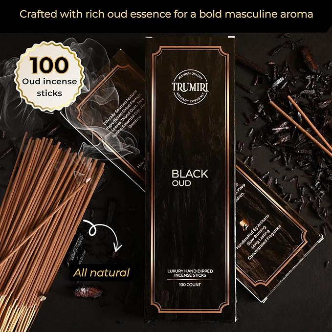 Black Oud Incense Sticks - Pack of 100 Insence-Sticks - Inciensos Aromaticos Made with Natural Oud Essential Oil - Scented Inscents Non Toxic Agarbatti Insense
