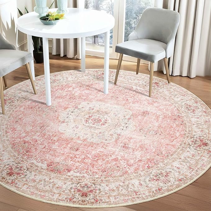 Pink Round Rug 5ft, Circle Boho Area Rugs for Bedroom Living Room,Washable Vintage Bohemian Distressed Oriental Floral Carpet Non Slip,Blush