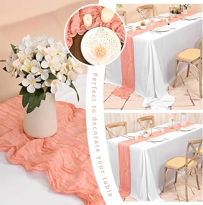 12 Pack Coral Cheesecloth Table Runner 10FT Cheese Cloths for Wedding Decor, 20x120inch Rustic Boho Gauze Table Runners for Wedding Party Bridal Shower Table Decoration