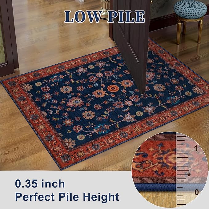 Tangsoo Floral Area Rug 3x5 Machine Washable Red Blue Rug Non-Slip Vintage Distressed Boho Print, Low Pile Carpet for Living Room, Bedroom, Dining Room, Pet & Child Friendly (Red Blue)