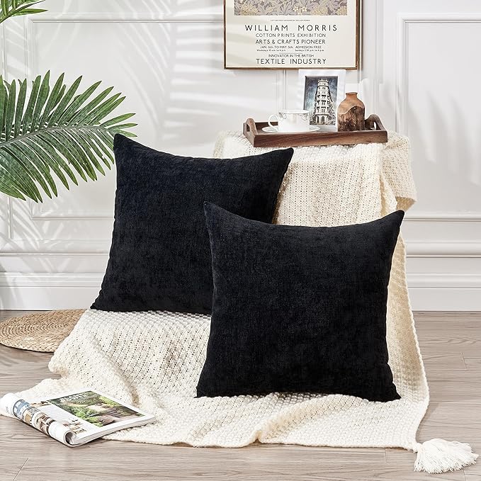 GAWAMAY Decorative Square Throw Pillow Covers 20"x20" Inch Set of 2, Super Soft Chenille Pillows Farmhouse Fall Pillowcase for Living Room Bedroom Sofa Couch Cushion Cover Black 50x50cm (No Insert)