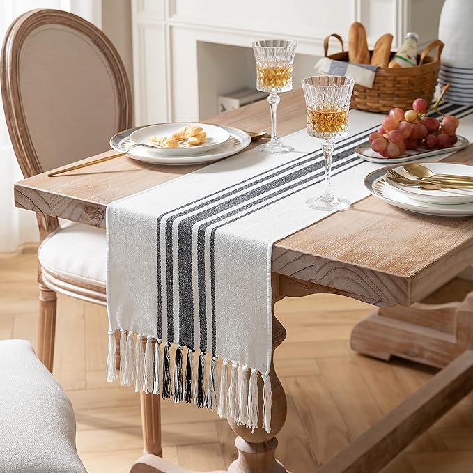 Boho Table Runner for Modern Farmhouse Decor, Dining Table décor 13 x 108 Inch Long, Coffee Table Runner with Handcrafted Tassels, Black and Beige, for Home Bohemian Decoration