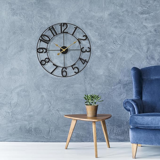 Sorbus 16-Inch Large Wall Clock – Decorative Black Metal Clock with Gold Hands – Silent, Battery Operated, Modern Wall Decor for Living Room, Kitchen, or Office – Great Gift for Housewarming or Office