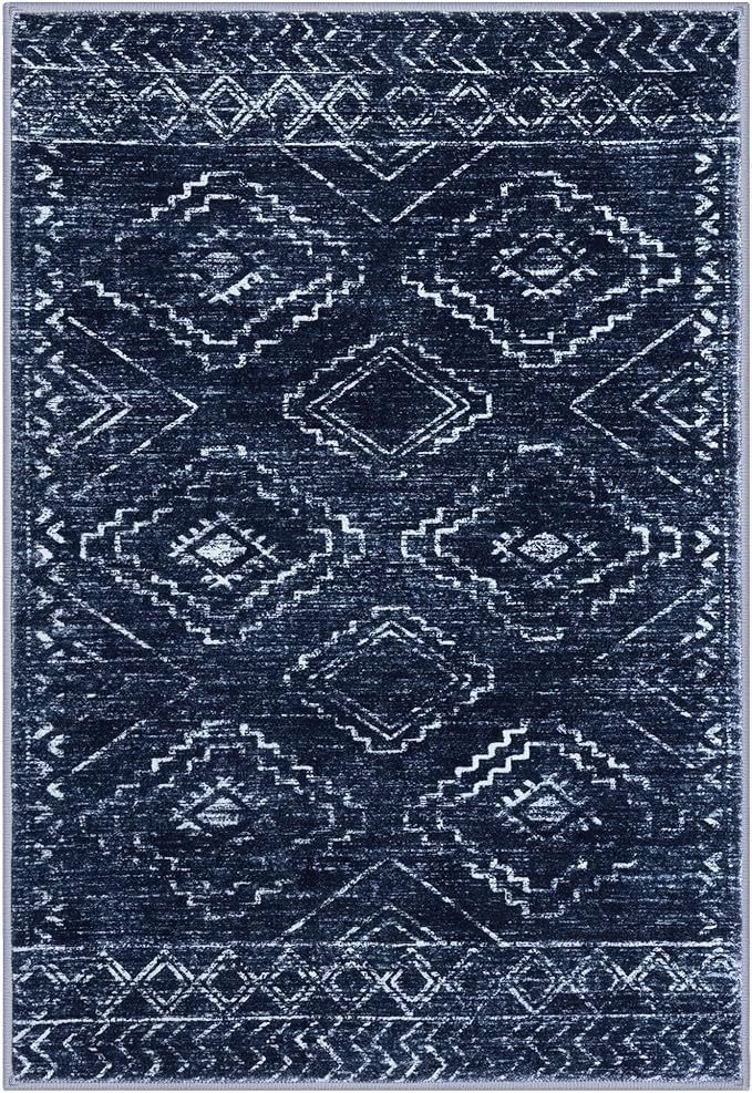 KILOCOCO Boho Entryway Rug 2x3 Printed Small Area Rug Indoor Door Mat Machine Washable Kitchen Rugs Super Soft Non Slip Throw Rugs for Bedroom Entrance Geometric Laundry Room, Dark Blue