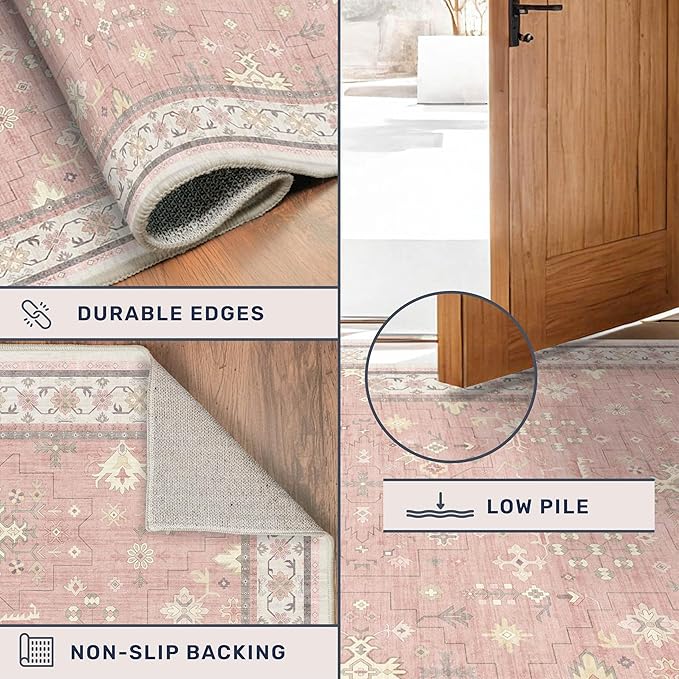 Washable 8x10 Blush Pink Rug for Bedroom Girls Dorm, Floral Retro Living Room Rugs, Soft Thin Low Pile Non Slip Stain Resistant Carpet