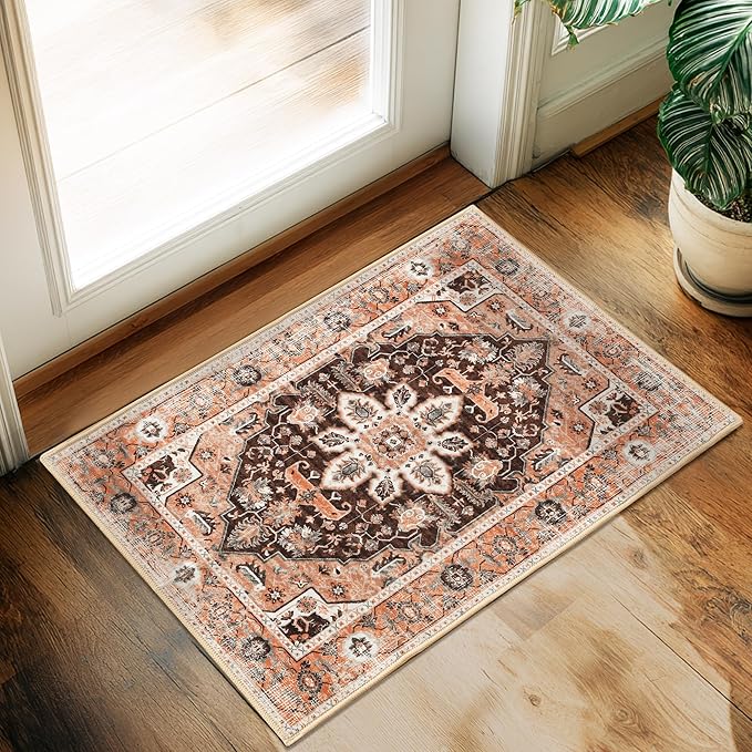 XWZO Entryway Area Rug 2x3ft — Soft Vintage Low Pile Non-Slip Backing Door Mat for Bedroom Bathroom Kitchen Laundry, Spill Resistant Washable Small Indoor Carpet for Doorway & Entrance, Brick Red