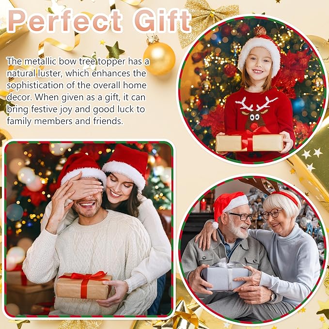 Metal Christmas Bow Tree Topper, Christmas Rose Gold Bow Ornament Decorations for Xmas Tree Topper Garland Wreath Indoor Outdoor Decor, 9.5 x 8.7''