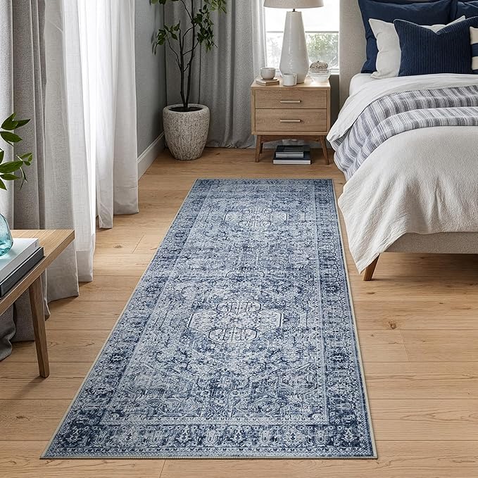 Bloom Rugs Washable Non-Slip 12 ft Runner - Ivory/Denim Blue Traditional Medallion Runner for Entryway, Hallway, Bathroom, and Kitchen - Exact Size: 2.5' x 12'