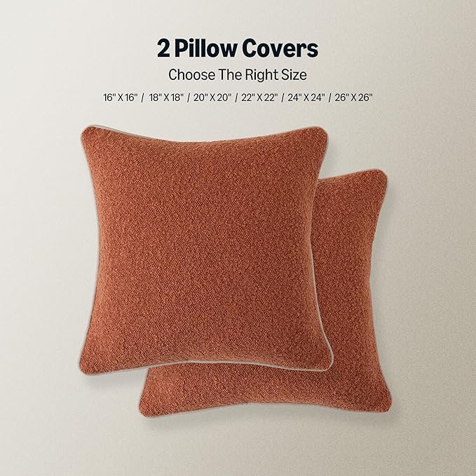 Amazon Basics Boucle Throw Pillow Covers for Couch, Living Room, Home Decor with Hidden Zipper, Brown, 22×22in, Pack of 2