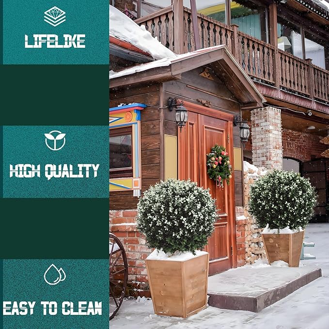 Real Touch Leaves Artificial Topiary Trees, 24" T with 17" W Faux Boxwood, Set of 2 UV Resistant Plants, Decorative Indoor Outdoor Trees with 6"x5" Pots for Home, Office, and Garden Decor