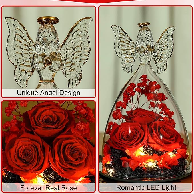 Christmas Rose Gifts for Women Preserved Real Flower in Glass Angel Figurines Roses for Delivery Prime Birthday Gifts for Mom Grandma Girlfriend Wife Her - Red