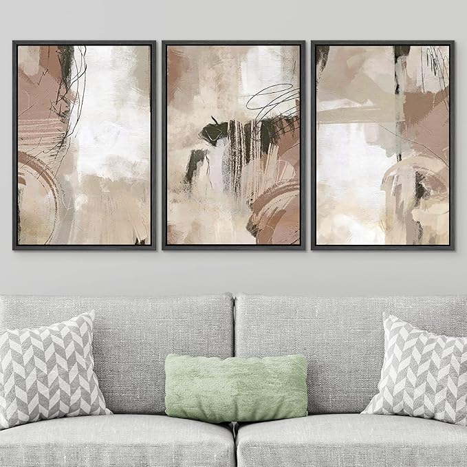 SIGNWIN Framed Canvas Print Wall Art Set Brown Pastel Watercolor Paint Strokes Shapes Abstract Illustrations Modern Art Decorative Nordic Calm/Zen for Living Room, Bedroom, Office - 24"x36"x3 Black